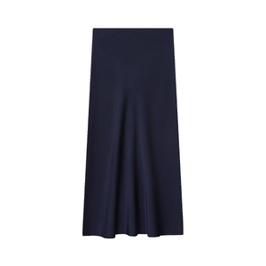 Elegant navy blue satin midi skirt with a minimalist straight cut and silky smooth texture
