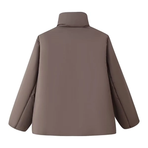 Back view of a minimalist loose-fit stand collar winter jacket in dark brown matte finish