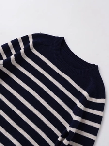 Detail of classic crew neck and striped knit texture on a navy and beige sweater