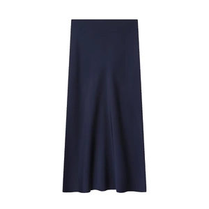 Close-up of the smooth navy blue satin midi skirt showing its glossy fabric and texture