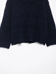 Detail of navy blue chunky knit cardigan showing pointelle hollow patterns and ribbed hem
