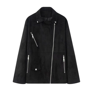 Women's black suede moto jacket with classic lapel and silver metal zipper details