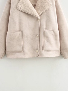 Detail of beige faux suede jacket showing thick shearling collar and large square pockets