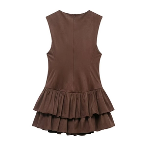 Women's sleeveless short brown dress with slim fit and double ruffle hemline