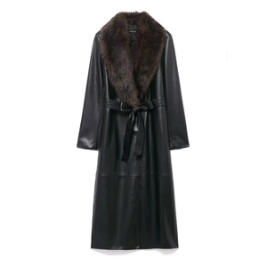 Trench en Similicuir pour Femme Avec Col en Fausse Fourrure Amovible Manteau Long en Cuir avec Ceinture Automne Hiver Vêtements Chauds