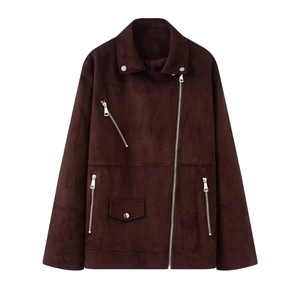 Detail view of burgundy faux suede biker jacket with notched collar and silver zippers