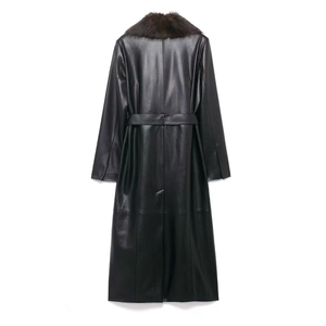 Manteau long en similicuir pour femmes avec col en fourrure marron foncé et ceinture noire