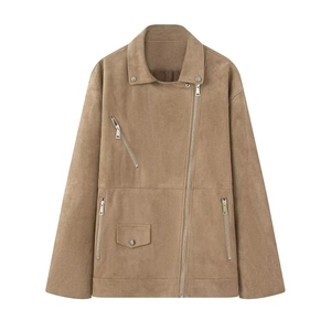 Detail of tan faux suede biker jacket with metal zippers and wide notched lapels