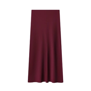Elegant high-waist wine red satin midi skirt with a minimalist straight cut and silky finish