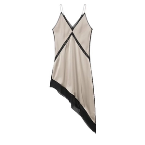 Robe Courte Sexy en Satin à Bretelles pour Femmes Col en V Asymétrique Dentelle Sans Manches Dos Nu Soirée Clubwear Robe