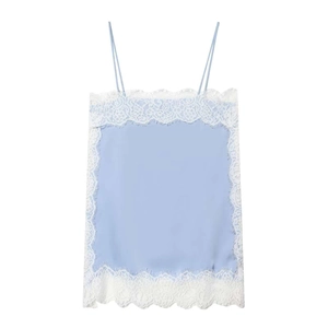 Elegant light blue satin camisole top with white floral lace trim and delicate straps