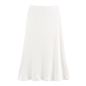 Detail view of white midi skirt featuring soft vertical ribbed texture and A-line cut
