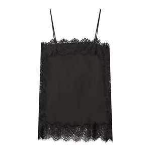 Detail shot of black satin camisole with delicate eyelash lace trim and thin straps