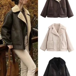 Women Faux Shearling Jacket Lapel Fleece Lined Faux Leather Suede Coat Vintage Casual Winter Warm Outerwear With Pockets