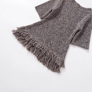 Women's dark gray knit top with round neck and bohemian style long fringe tassels