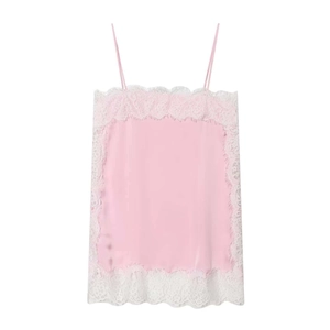 Pink satin camisole top with white lace trim and adjustable straps on white background