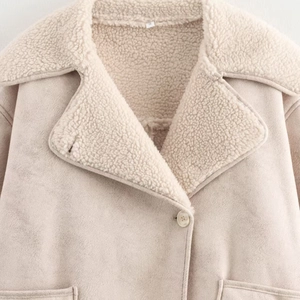 Beige shearling jacket with faux suede outer and thick lamb wool collar for women