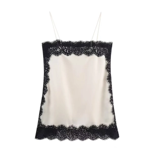 Elegant off-white satin camisole top with intricate black lace trim for women