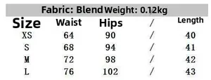 Size chart for lace satin skirt showing blend fabric details and measurements from XS to L