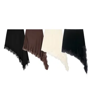 Women Asymmetrical Satin Midi Skirt Elegant Lace Trim Irregular Hem Solid Color Velvet Skirt For Summer Commuter Daily Party