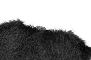 Detailed close-up showing the dense black faux fur texture and stitching on the collar edge