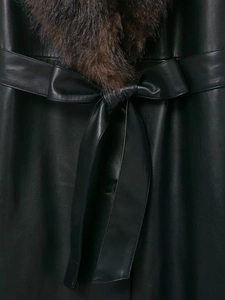 Détail d'un long manteau en similicuir noir avec un col amovible en fausse fourrure brune