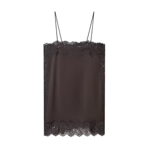 Detail of black silk satin camisole featuring intricate floral lace trim and spaghetti straps