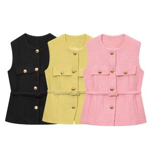 Gilet in Tweed Elegante da Donna Giacca Senza Maniche con Bottoni in Metallo Oro e Cintura Vintage Girocollo Pendolare Slim Fit Top