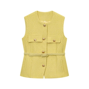 Elegante gilet in tweed giallo da donna con bottoni in metallo dorato e cintura abbinata