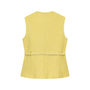 Elegante gilet in tweed giallo da donna con cintura abbinata e design vista posteriore