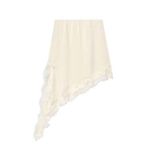 Detail of cream asymmetric satin skirt featuring delicate floral lace trim and hem