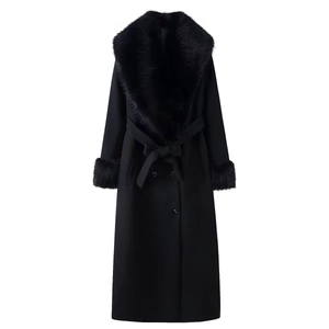 Women Elegant Black Winter Long Woolen Coat With Faux Fur Collar And Belt Temperament Overcoat Solid Color Outwear For Women