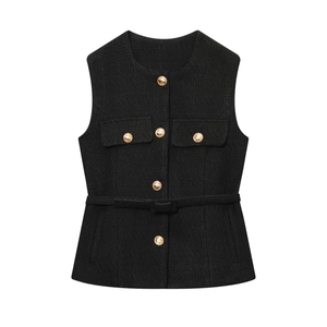 Gilet da donna in tweed nero con bottoni dorati e cintura sottile coordinata