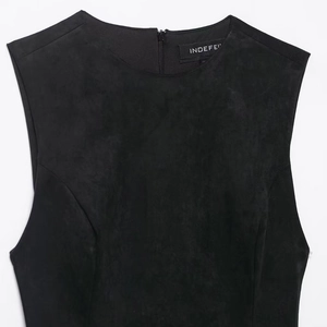 Women's black sleeveless crewneck dress in matte faux suede with hidden back zipper