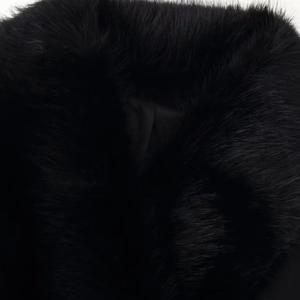Elegant women's black wool coat with luxurious faux fur collar and adjustable waist belt