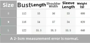 Size chart with measurements for stylish winter shearling jacket in S, M, L sizes