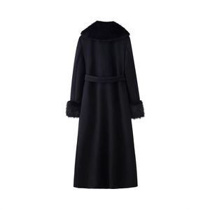 Elegant black wool coat featuring a large faux fur collar and waist tie belt