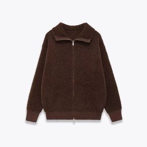 Women Casual Solid Color Bomber Jacket Loose Fit Bouclé Fleece Coat With Full Zip Ribbed Cuffs Warm Autumn Winter Outerwear