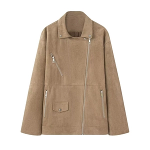 Classic camel faux suede biker jacket with notched lapels and asymmetric metal zippers