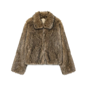 Women Winter Faux Fur Jacket Fashion Streetwear Gradient Brown Fuzzy Zip Up Coat With Lapel Long Sleeve Warm Outerwear