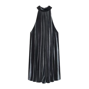 Women Elegant Velvet Halter Neck Mini Dress Charcoal Grey Shiny Pleated Sleeveless Cocktail Party Evening Short Dress