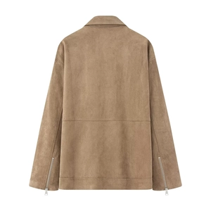 Classic camel faux suede biker jacket featuring drop shoulders and silver cuff zippers