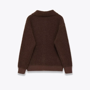 Deep brown bouclé fleece bomber jacket with ribbed cuffs and hem, back view display
