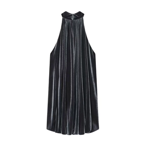 Deep grey velvet halter top featuring dense vertical pleats and premium satin finish