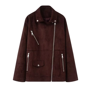 Women's vintage dark brown faux suede biker jacket with asymmetrical zipper and lapel collar