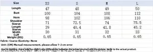 Detailed size chart for women tweed jacket showing length, chest, and sleeve measurements