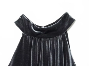 Detail of grey velvet balloon top showing the pleated neckline and soft fabric texture