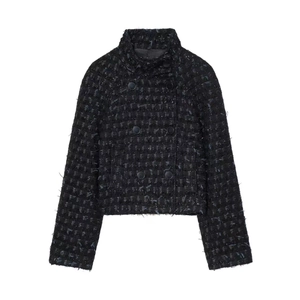 Elegant black double-breasted tweed short jacket with textured fringes on white background