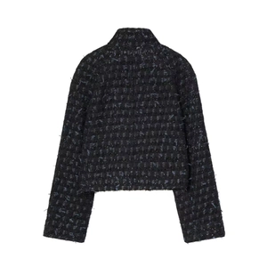 Short black tweed jacket for women featuring a classic texture and stand collar design