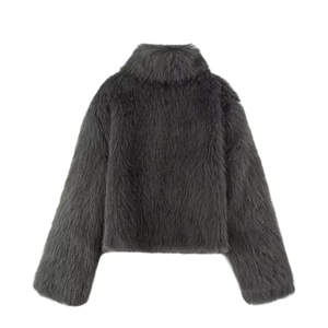 Women's elegant dark grey faux fur coat with high collar and plush texture from behind